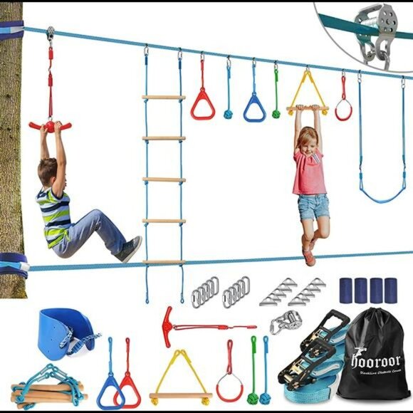 Ninja Warrior Obstacle Course for Kids - 2 X 52FT Slackline with Slider Pulley,
